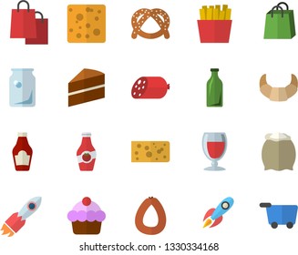 Color flat icon set cake flat vector, flour, ketchup, bagel, croissant, sausage, cheese, French fries, wine, glass bottles, rocket, bags, grocery trolley fector