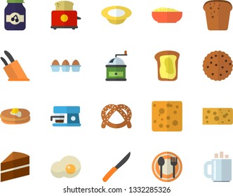 Color flat icon set cake flat vector, knives, coffee grinder, toaster, machine, table setting, pancakes, bagel, cheese, egg, bread, dish, porridge, scrambled eggs, jam, sandwich, biscuit