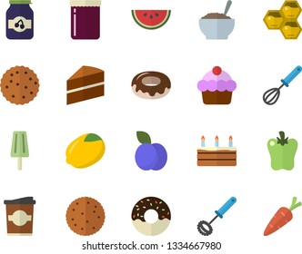 Color flat icon set cake flat vector, whisk, lemon, biscuit, watermelon, donut, porridge, bell pepper, ice cream, coffe, jam, plum, honeycomb, carrot