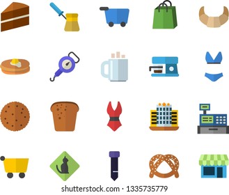 Color flat icon set cake flat vector, spring balance, turk, coffee machine, biscuit, pancakes, bagel, croissant, bread, grocery trolley, bags, cash, tie, swimsuit, hotel fector, pets allowed, shop