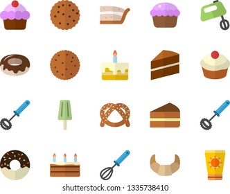 Color flat icon set cake flat vector, whisk, mixer, biscuit, bagel, croissant, cupcake, piece of, donut, ice cream, sun protection fector