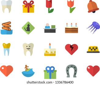 Color flat icon set cake flat vector, horseshoe, tulip, present, heart, tooth, dental crowns, office worker, surfing fector, aquapark, pets allowed, taxi, jellyfish, bell