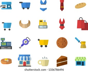 Color flat icon set cake flat vector, spring balance, turk, coffee machine, biscuit, pancakes, croissant, bread, store front, grocery trolley, bags, cash, tie, swimsuit, fector, shop