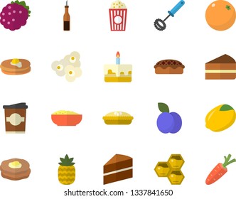 Color flat icon set cake flat vector, whisk, sauce, lemon, pancakes, piece of, porridge, pie, popcorn, coffe, blackberry, pineapple, plum, honeycomb, orange, carrot