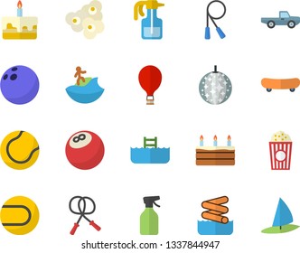 Color flat icon set cake flat vector, popcorn, pickup truck, pulverizer, bowling ball, skateboard, skipping rope, tennis, balloon fector, disco, surfing, aquapark, pool, windsurfing