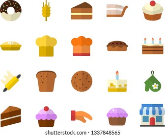 Color flat icon set cake flat vector, cook hat, potholder, rolling pin, biscuit, bread, cupcake, piece of, donut, pie, ear, store front
