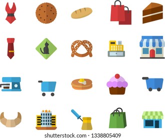 Color flat icon set cake flat vector, turk, coffee machine, biscuit, pancakes, bagel, croissant, bread, store front, grocery trolley, bags, cash, tie, swimsuit, hotel fector, pets allowed, shop