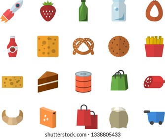 Color flat icon set cake flat vector, flour, groats, biscuit, bagel, croissant, sausage, cheese, canned food, French fries, Strawberry, ketchup, glass bottles, rocket, bags, grocery trolley fector