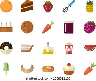 Color flat icon set cake flat vector, whisk, pancakes, croissant, watermelon, cupcake, piece of, donut, popcorn, ice cream, jam, Strawberry, blackberry, pineapple, orange, biscuit, carrot