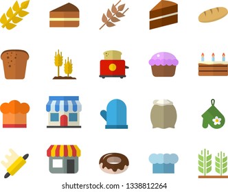 Color flat icon set cake flat vector, cook hat, potholder, rolling pin, toaster, flour, ear, bread, cupcake, piece of, donut, store front