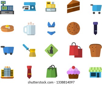 Color flat icon set cake flat vector, turk, coffee machine, biscuit, pancakes, bread, grocery trolley, bags, cash, tie, swimsuit, hotel fector, pets allowed, shop