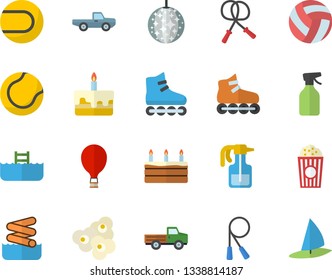 Color flat icon set cake flat vector, popcorn, pickup truck, pulverizer, volleyball, skipping rope, tennis ball, roller Skates, balloon fector, disco, aquapark, pool, windsurfing