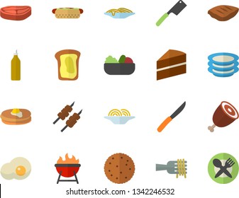 Color flat icon set cake flat vector, knives, barbecue, plates, chop, biscuit, pancakes, spaghetti on a fork, hot dog, salad, ham, shashlik, scrambled eggs, mustard, sandwich, table setting fector