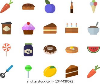 Color flat icon set cake flat vector, whisk, sauce, lemon, pancakes, watermelon, piece of, donut, porridge, pie, lollipop, ice cream, coffe, jam, plum, carrot