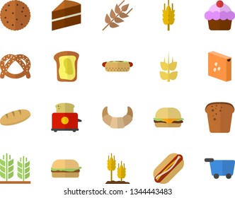 Color flat icon set cake flat vector, toaster, groats, ear, biscuit, bagel, croissant, bread, hamburger, hot dog, sandwich, grocery trolley fector