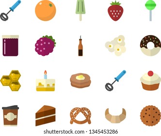Color flat icon set cake flat vector, whisk, sauce, bagel, croissant, cupcake, donut, lollipop, popcorn, ice cream, coffe, jam, Strawberry, blackberry, honeycomb, orange, pancakes, biscuit