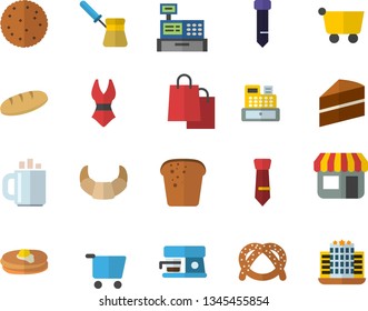 Color flat icon set cake flat vector, turk, coffee machine, biscuit, pancakes, bagel, croissant, bread, store front, grocery trolley, bags, cash, tie, swimsuit, hotel  
