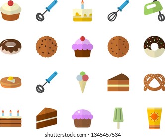 Color flat icon set cake flat vector, whisk, mixer, biscuit, pancakes, bagel, cupcake, piece of, donut, ice cream, sun protection  