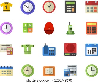 Color flat icon set calculator flat vector, weighing machine, kitchen egg timer, clock, calendar, telephone, sport T shirt