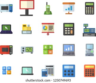 Color flat icon set calculator flat vector, microwave, billboard, cash machine, chart, telephone, laptop, computer, oscilloscope