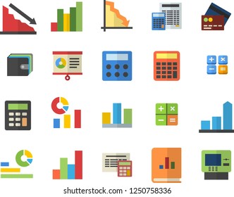 Color flat icon set calculator flat vector, crisis, chart, purse, statistics, book balance accounting, statistic, credit card fector, cash dispenser