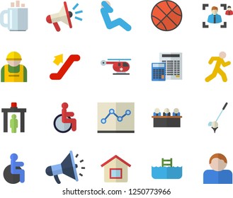 Color flat icon set calculator flat vector, construction worker, mouthpiece, disabled, helicopter, coffee, recruitment, point diagram, meeting, basketball, swing press, run, escalator fector, pool
