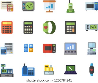 Color flat icon set calculator flat vector, microwave, cash machine, chart, telephone, laptop, computer, oscilloscope, fitness bracelet