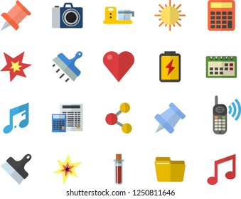 Color flat icon set calculator flat vector, putty knife, food processor, sun, battery, phone call, blood test, heart, calendar, computer file, spark, pushpin, camera fector, share, note