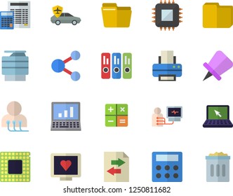 Color flat icon set calculator flat vector, autopilot, motherboard, computer diagnostics of health, file, folder, printer, copy machine, laptop, cpu, share, sharing, drawing pin, trash can
