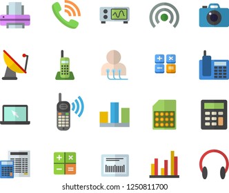 Color flat icon set calculator flat vector, satellite antenna, SIM card, phone call, barcode, diagnostics, statistic, telephone, printer, laptop, oscilloscope, broadcast, camera, headset