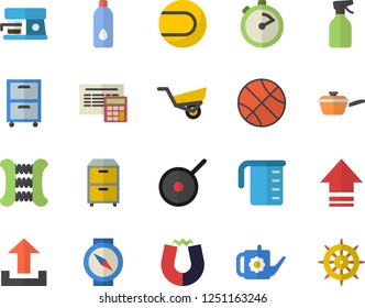 Color flat icon set calculator flat vector, saute, teflon, meashuring cup, stopwatch, coffee machine, pulverizer, watering can, garden wheelbarrow, archive, magnet, basketball, carpal expander