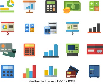 Color flat icon set calculator flat vector, chart, cash, credit card, statistics, statistic, presentaition board, fector, dispenser, safe