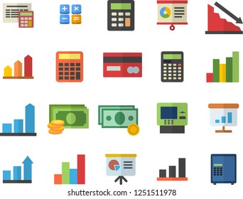 Color flat icon set calculator flat vector, crisis, chart, cash, credit card, presentaition board, achievement, dispenser fector, safe