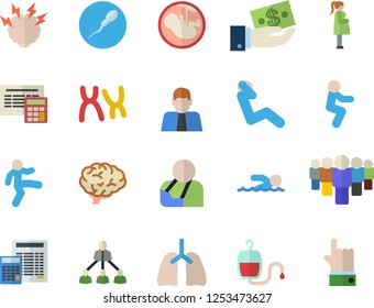 Color flat icon set calculator flat vector, person, investments, team, blood transfusion, injury, embryo, gestation, chromosomes, sperm, lungs, hierarchy, brainstorm, brain, swimming, gymnastics