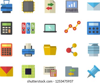 Color flat icon set calculator flat vector, scatter chart, computer file, folder, printer, copy machine, laptop, mail, cpu, share, sharing, drawing pin