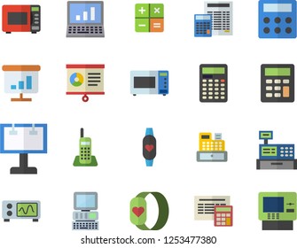 Color flat icon set calculator flat vector, microwave, billboard, cash machine, chart, telephone, computer, oscilloscope, fitness bracelet, dispenser fector