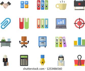 Color flat icon set calculator flat vector, nurse, coffee, clip, statistic, ink pen, office chair, folder, worker, target, archive, agreement, stamp, businessman, book, computer, folders for papers