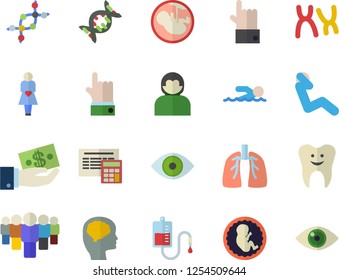 Color flat icon set calculator flat vector, investments, team, blood transfusion, eye, embryo, gestation, chromosomes, tooth, lungs, dna, brain fector, swimming, swing press, user, indicate
