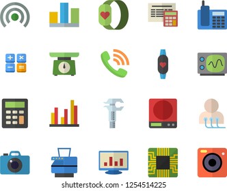 Color flat icon set calculator flat vector, weighing machine, motherboard, trammel, phone call, diagnostics, computer chart, statistic, telephone, copy, oscilloscope, fitness bracelet, broadcast