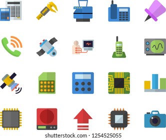 Color flat icon set calculator flat vector, weighing machine, trammel, motherboard, SIM card, phone call, diagnostics, statistic, telephone, copy, satellit, cpu, oscilloscope, upload, drawing pin