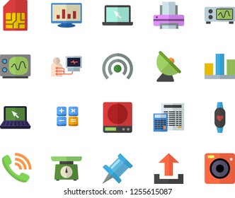 Color flat icon set calculator flat vector, weighing machine, satellite antenna, SIM card, phone call, diagnostics, computer chart, statistic, printer, laptop, oscilloscope, fitness bracelet, upload