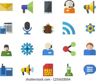 Color flat icon set calculator flat vector, cogwheel, SIM card, molecules, telephone operator, phone, meeting, mouthpiece fector, broadcast, envelope, microphone, mobile, user, chat