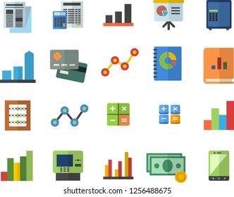 Color flat icon set calculator flat vector, chart, cash, credit card, scatter, news, book balance accounting, statistic, abacus, presentaition board, dispenser fector, safe, mobile