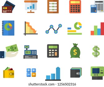 Color flat icon set calculator flat vector, crisis, chart, dollar, investments, purse, wealth, statistics, scatter, book balance accounting, cash machine, abacus, credit card fector, dispenser