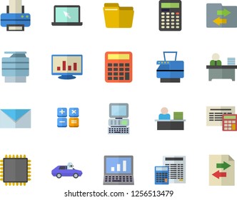 Color flat icon set calculator flat vector, autopilot, computer chart, file, office worker, printer, copy machine, laptop, mail, cpu, sharing