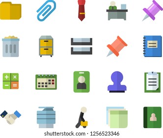 Color flat icon set calculator flat vector, clipboard, calendar, notebook, clip, drawing pin, computer file, sticker, office worker, tie, paper tray, copy machine, archive, agreement, stamp, pushpin