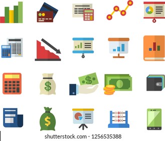 Color flat icon set calculator flat vector, crisis, chart, cash, investments, purse, wealth, scatter, news, book balance accounting, abacus, presentaition board, credit card fector, mobile