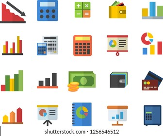Color flat icon set calculator flat vector, crisis, chart, cash, purse, statistics, book balance accounting, statistic, presentaition board, achievement, credit card fector, safe