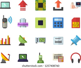 Color flat icon set calculator flat vector, satellite antenna, motherboard, SIM card, phone call, barcode, diagnostics, statistic, telephone, printer, laptop, cpu, oscilloscope, upload, drawing pin
