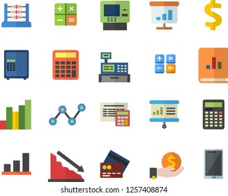 Color flat icon set calculator flat vector, crisis, chart, dollar, investments, scatter, book balance accounting, cash machine, abacus, presentaition board, credit card fector, dispenser, safe